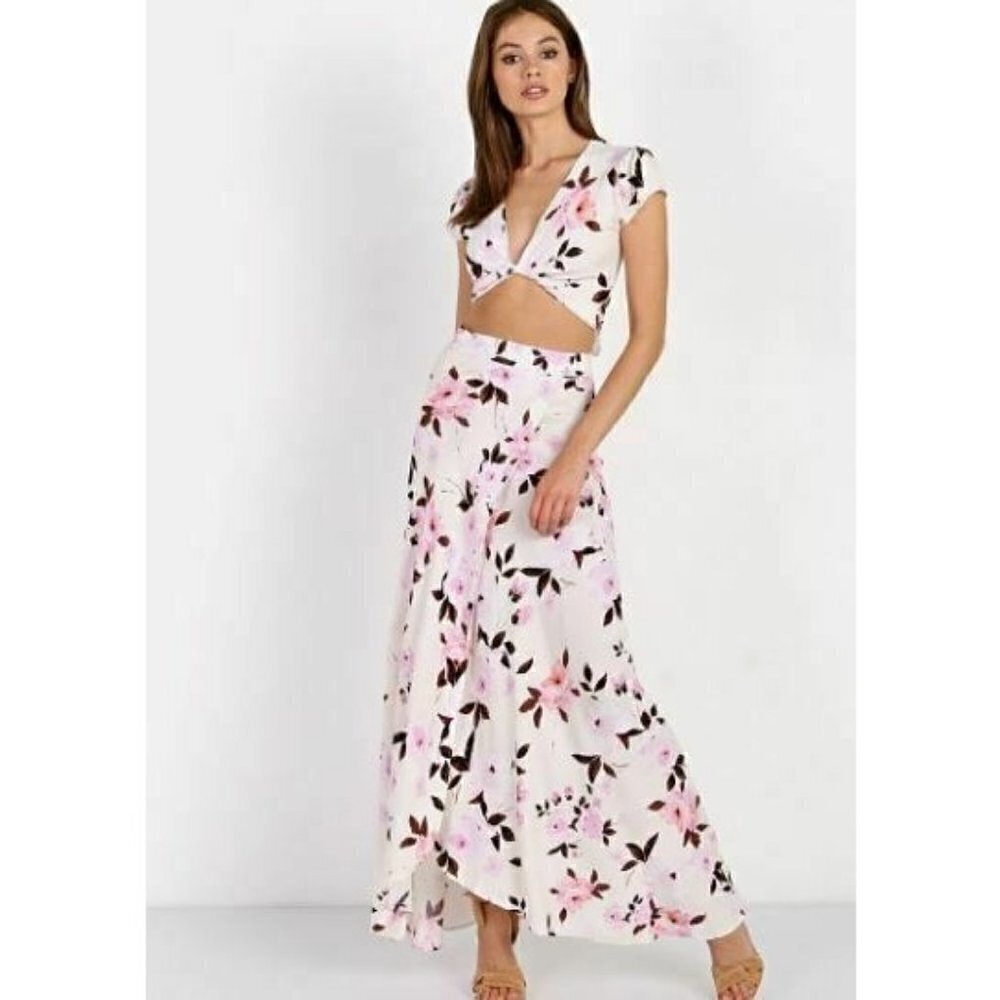 New Flynn Skye Wrap It Up Maxi Skirt Womens M Scattered Roses Rayon Pink White